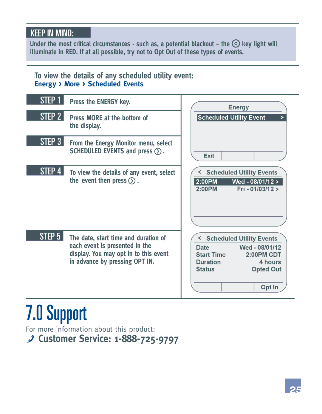 Emerson EE542-1Z To view the details of any scheduled utility event, Energy More Scheduled Events, Scheduled Utility Event 