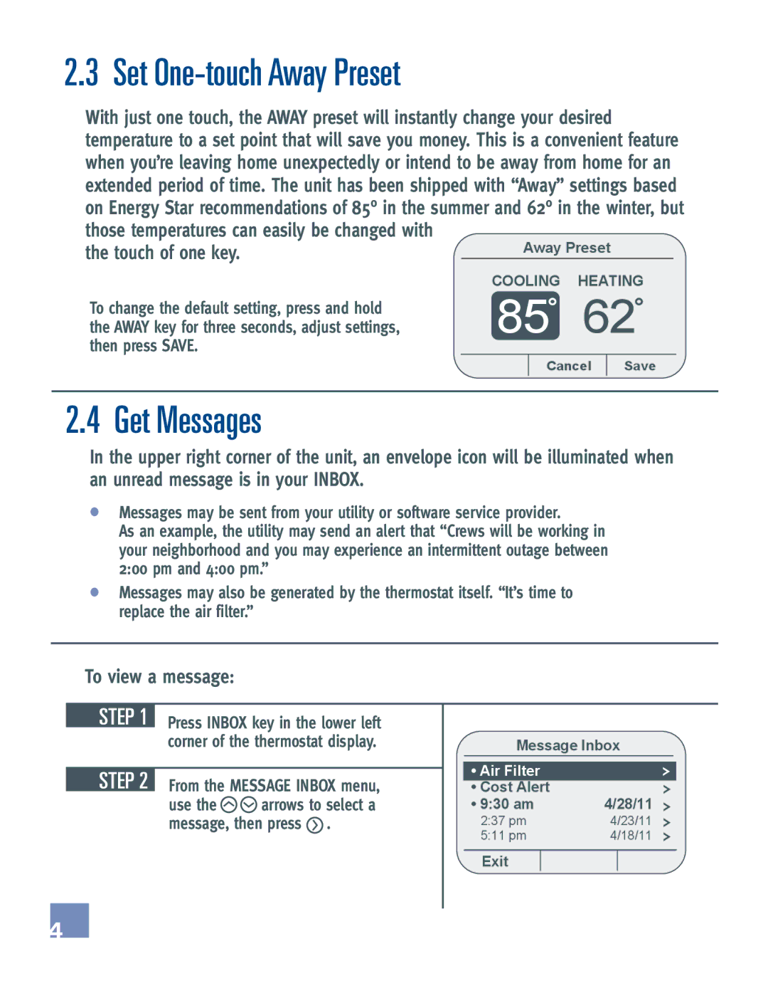 Emerson EE542-1Z user manual Set One-touch Away Preset, Get Messages, Touch of one key, To view a message 