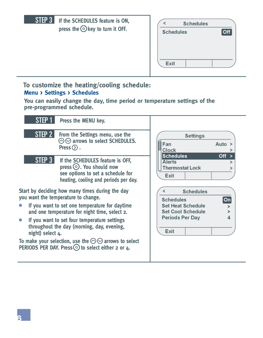 Emerson EE542-1Z user manual To customize the heating/cooling schedule, Press, Schedules Off 