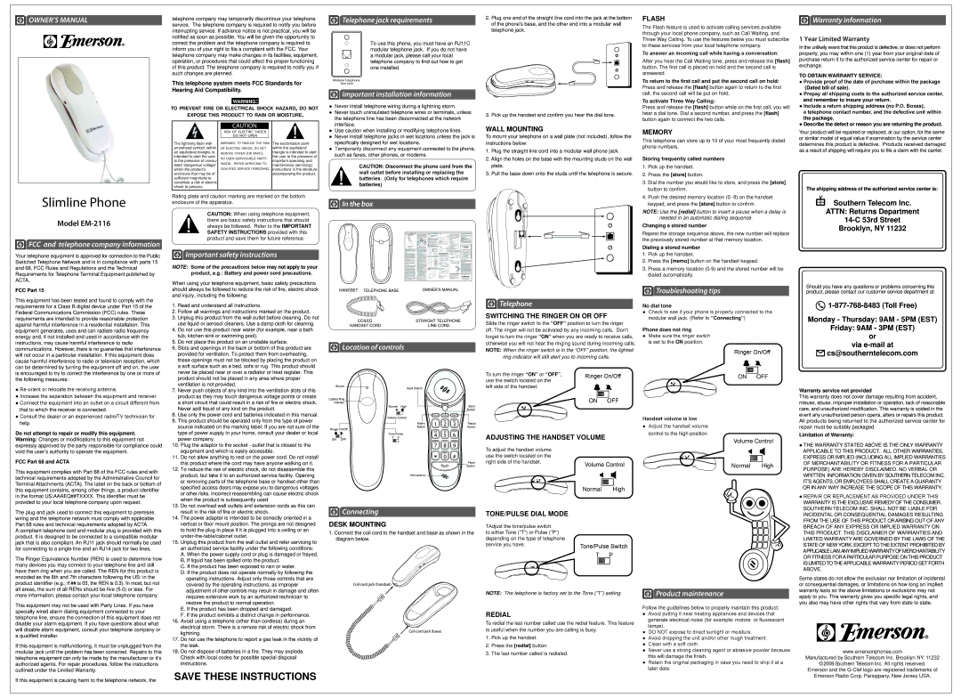 Emerson EM 2116 important safety instructions Important safety instructions, Telephone jack requirements, Box, Connecting 