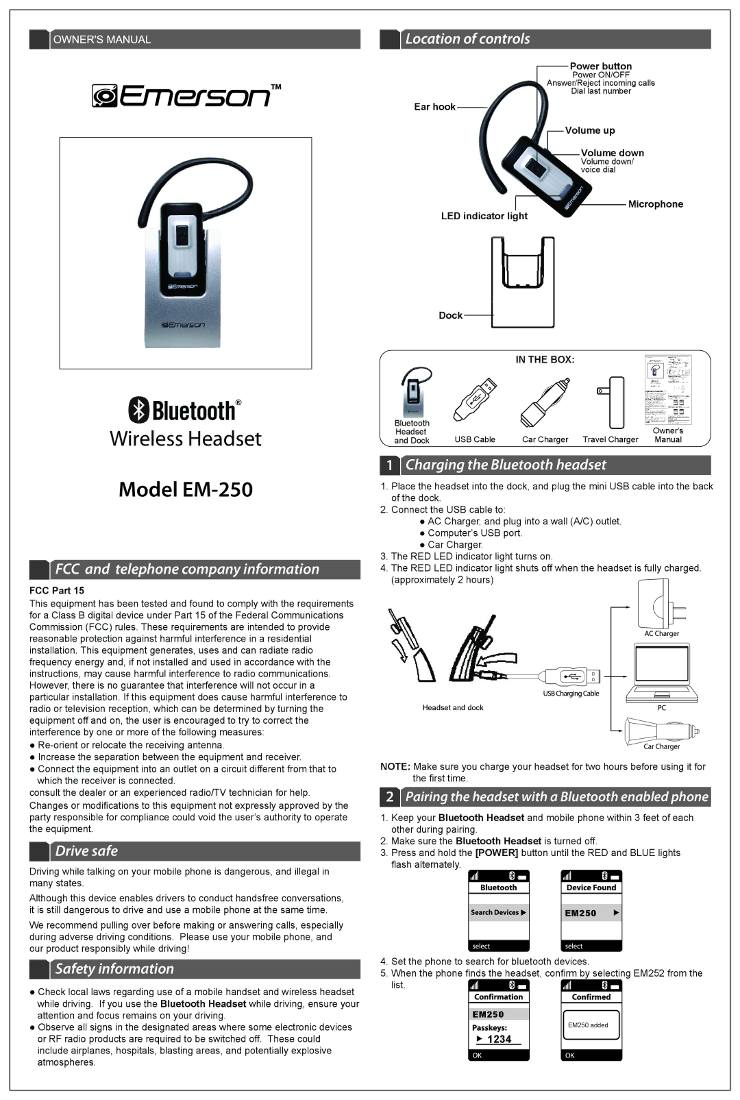 Emerson EM-250 owner manual FCC and telephone company information, Drive safe, Safety information 