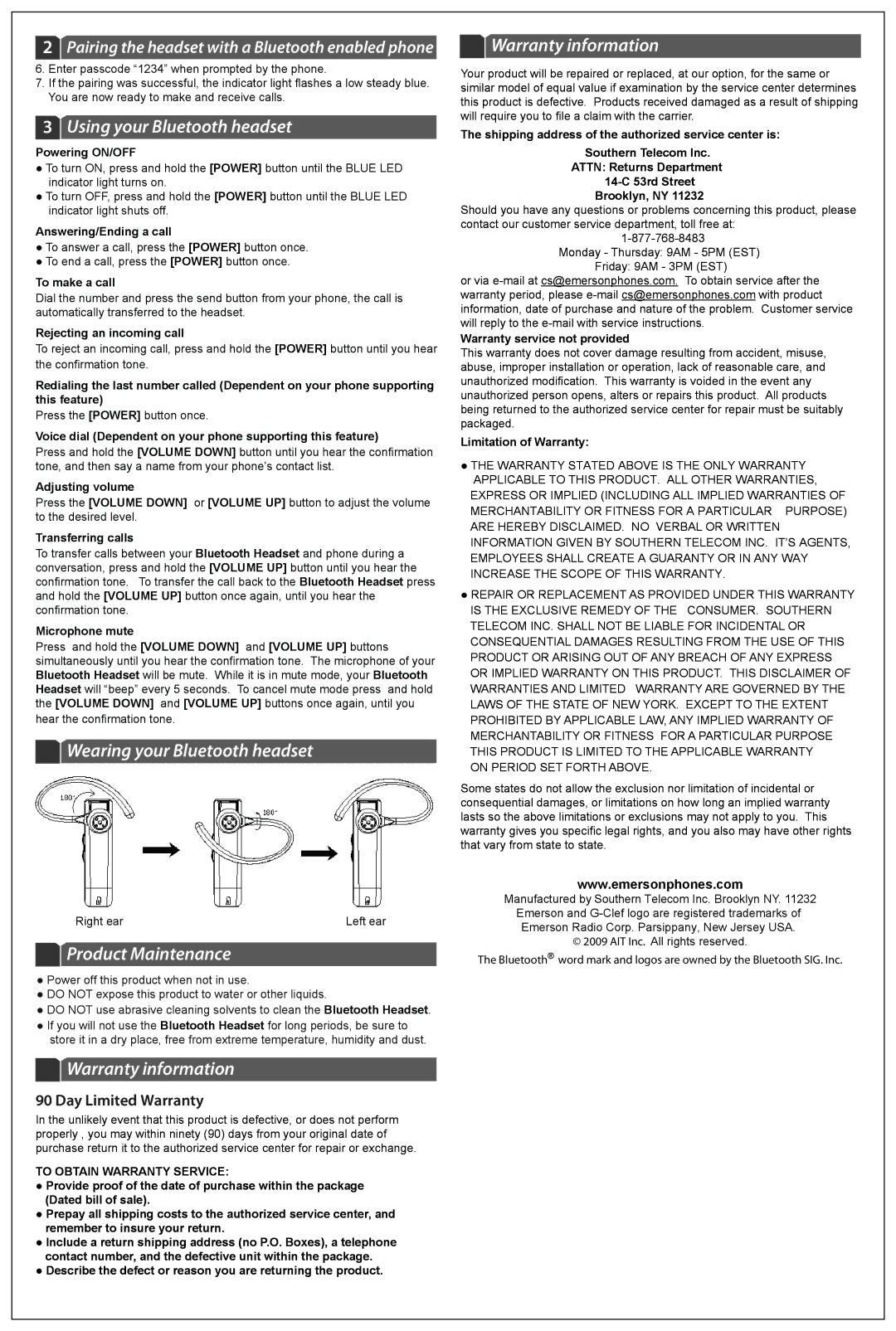 Emerson EM-250 Using your Bluetooth headset, Wearing your Bluetooth headset, Product Maintenance, Warranty information 