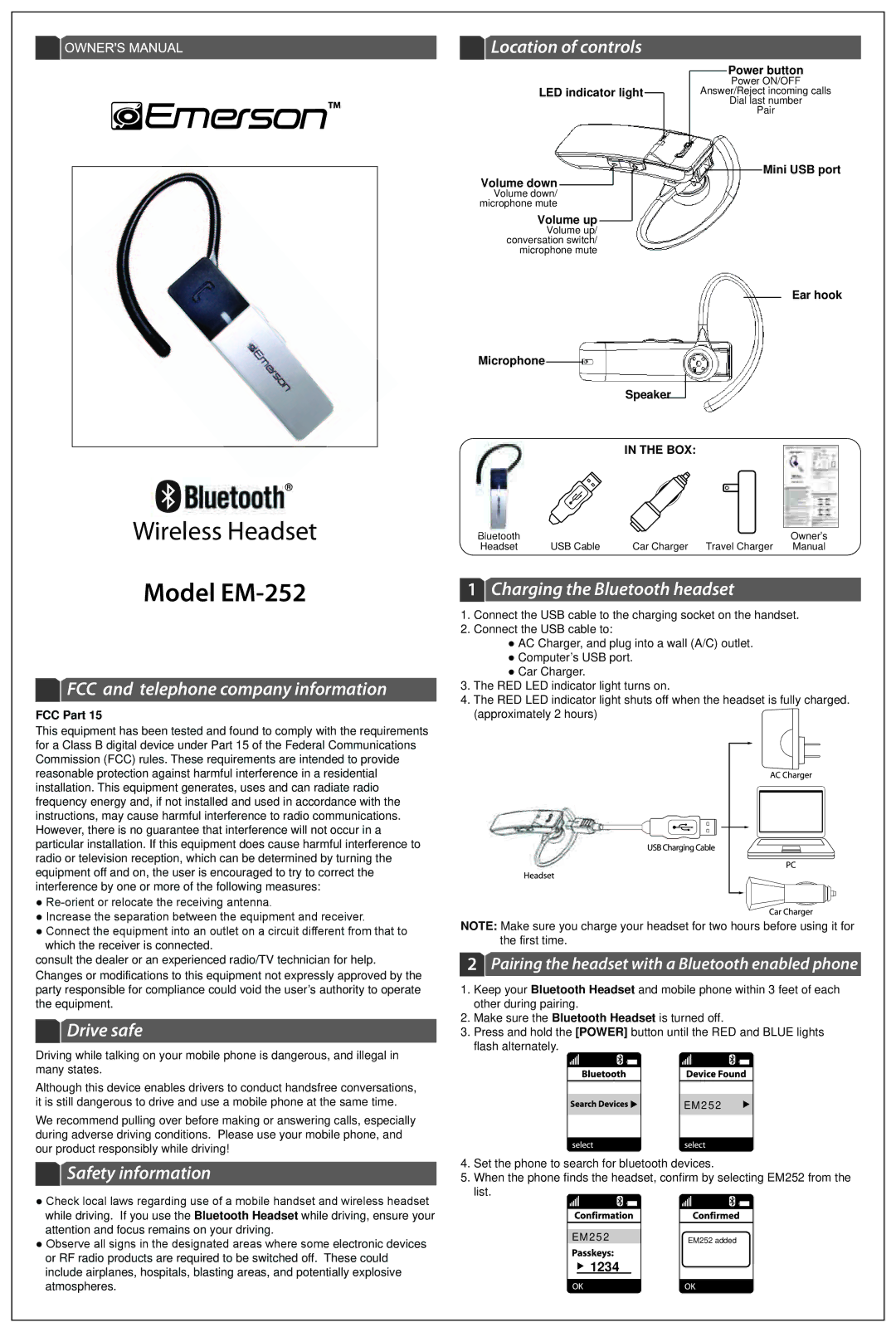 Emerson EM-252 owner manual FCC and telephone company information, Drive safe, Safety information, Location of controls 