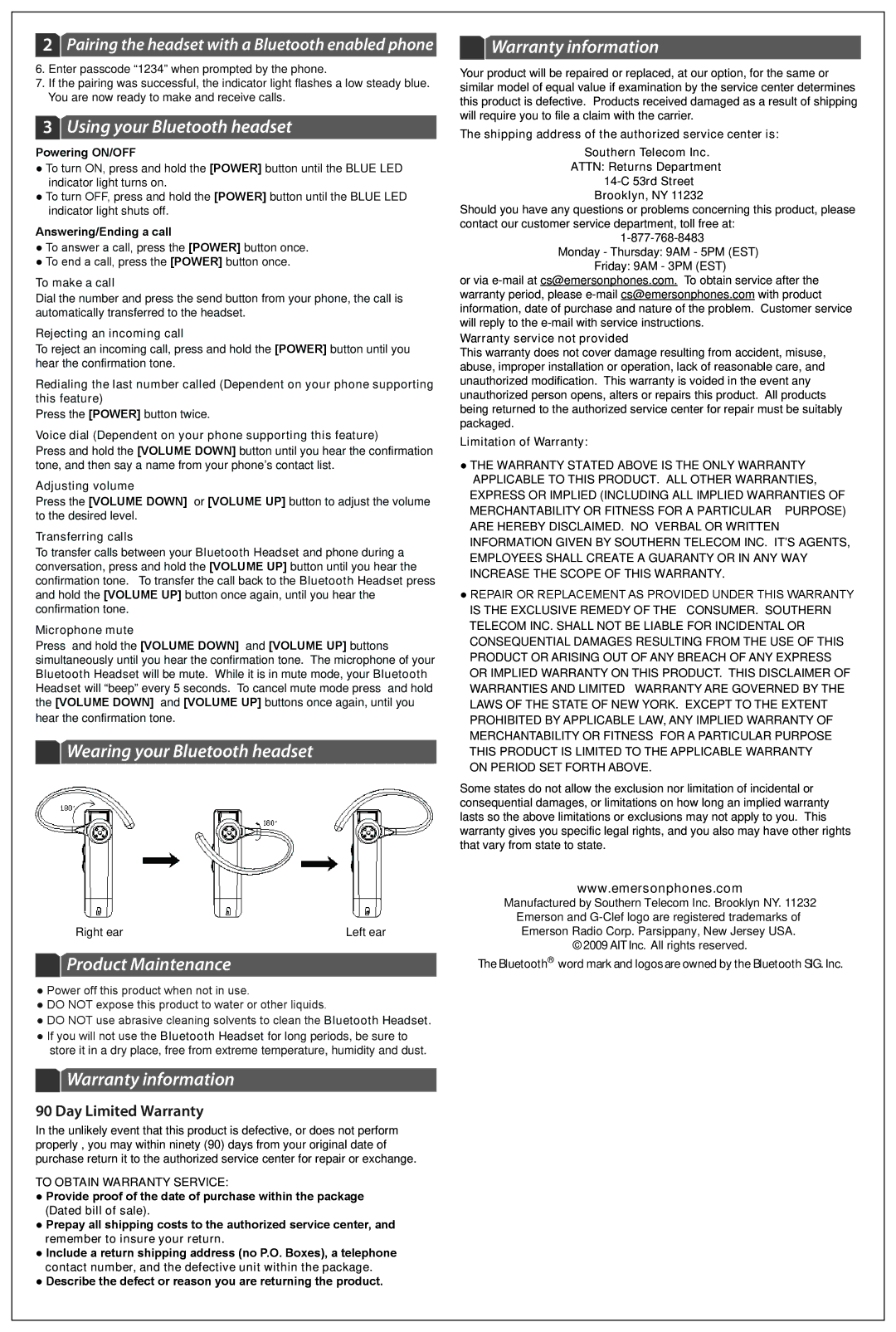 Emerson EM-252 Using your Bluetooth headset, Wearing your Bluetooth headset, Product Maintenance, Warranty information 