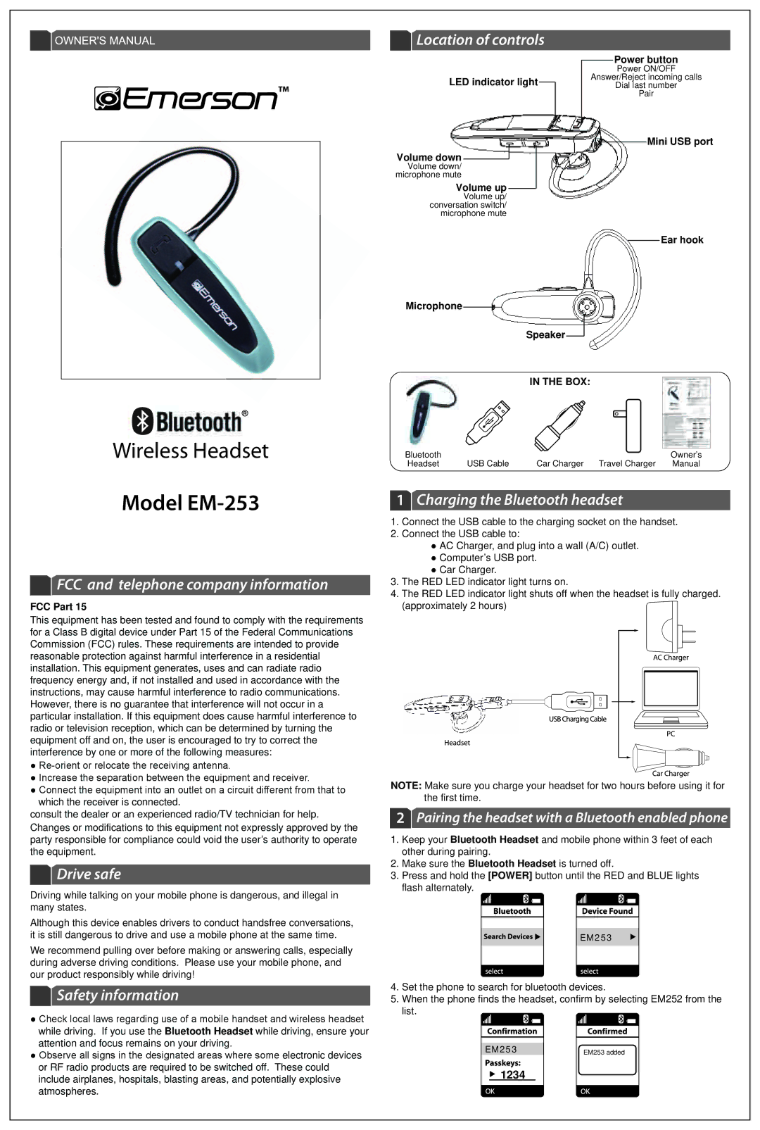 Emerson EM-253 owner manual Location of controls, FCC and telephone company information, Drive safe, Safety information 