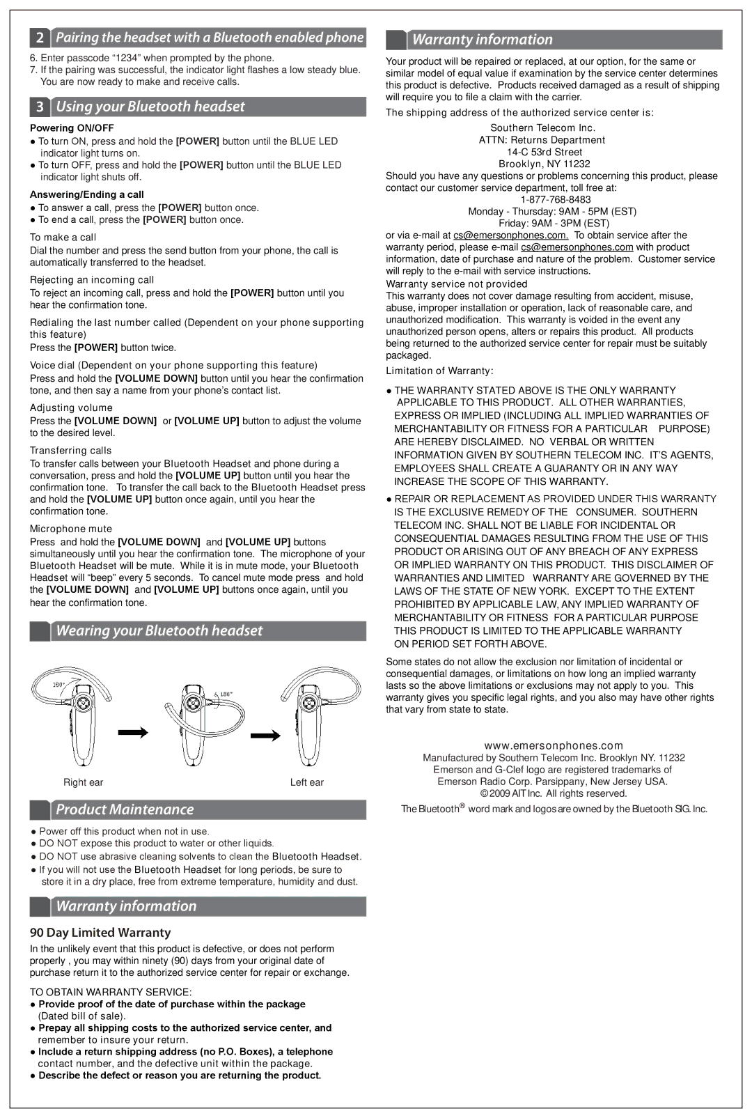 Emerson EM-253 Using your Bluetooth headset, Wearing your Bluetooth headset, Product Maintenance, Warranty information 