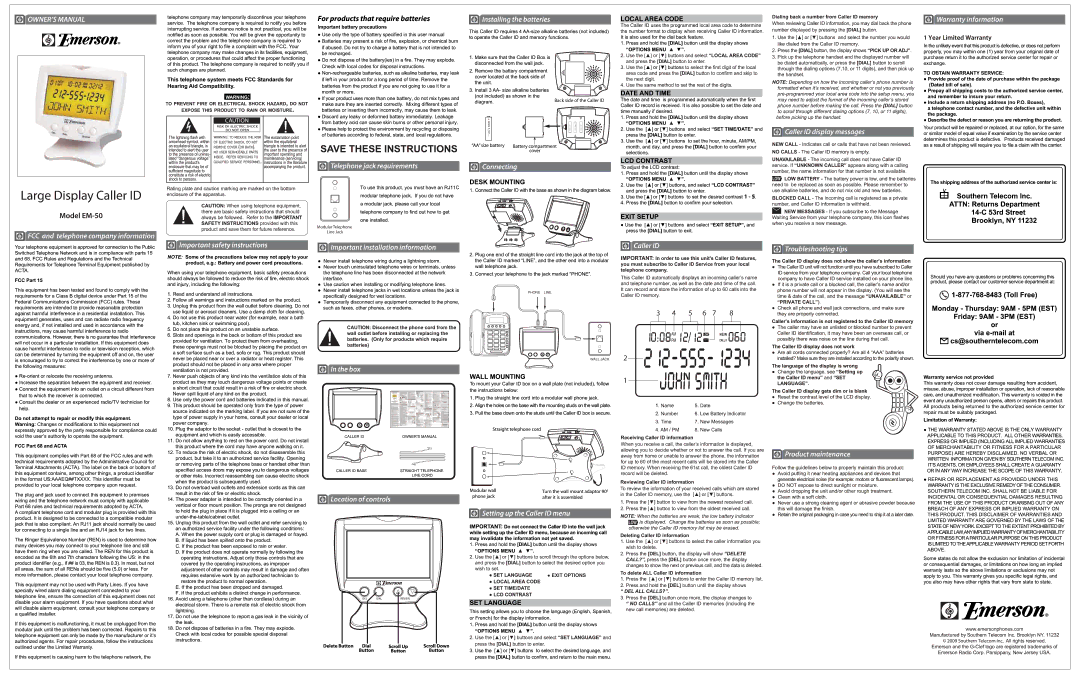 Emerson EM-50 manual Local Area Code 