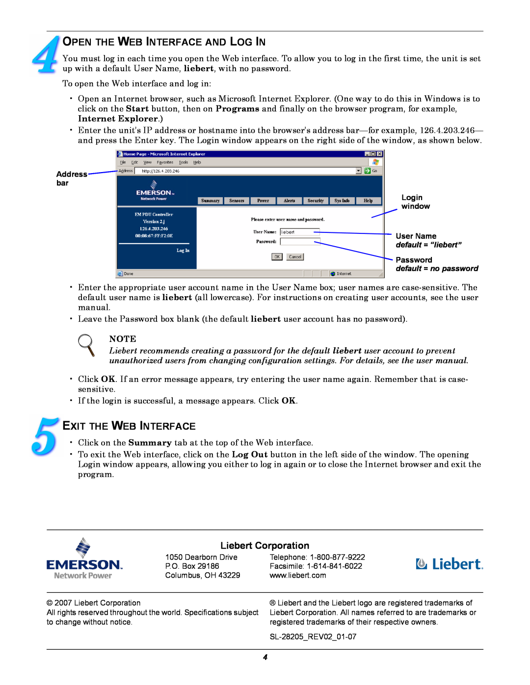 Emerson EM quick start Open The Web Interface And Log In, Exit The Web Interface, Liebert Corporation 