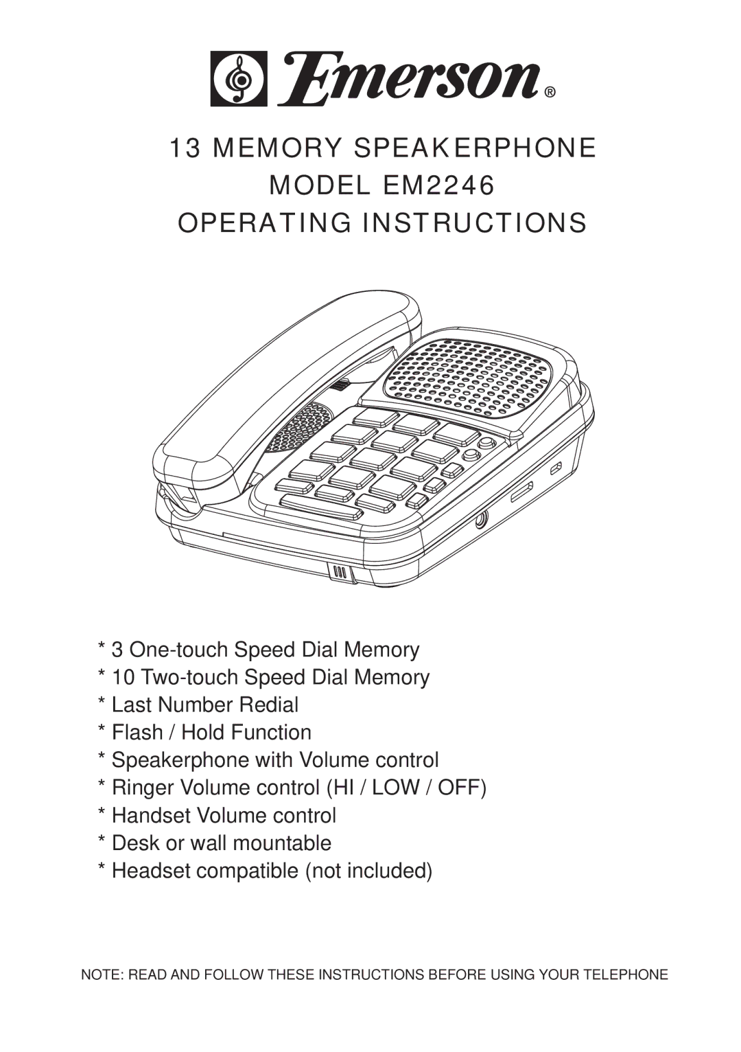 Emerson operating instructions Memory Speakerphone Model EM2246 Operating Instructions 