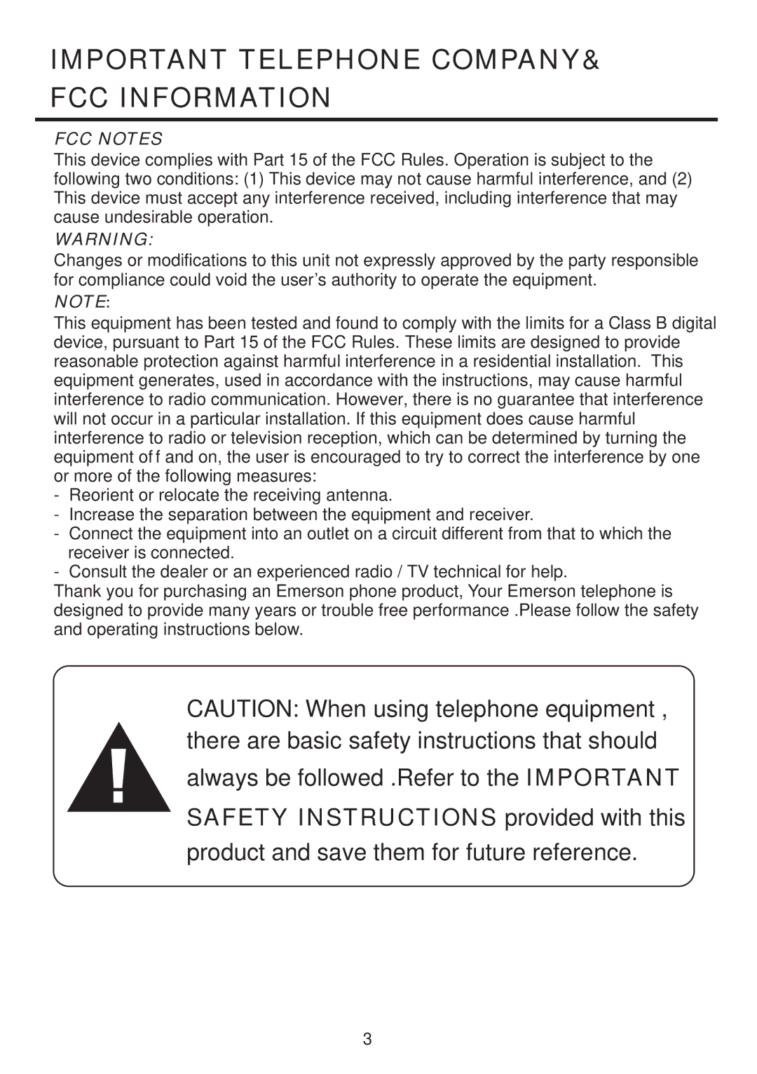 Emerson EM2246 operating instructions FCC Notes 