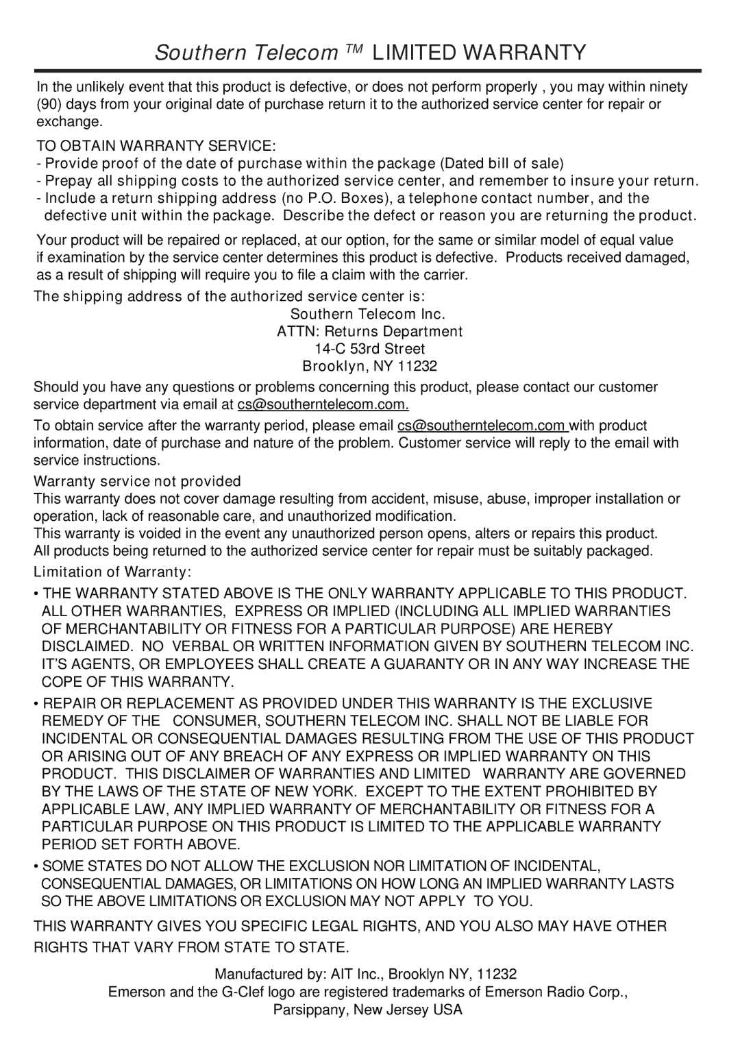 Emerson EM2246 operating instructions Southern Telecom TM Limited Warranty 