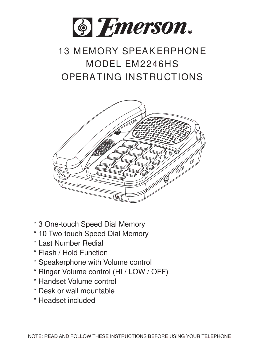 Emerson operating instructions Memory Speakerphone Model EM2246HS Operating Instructions 