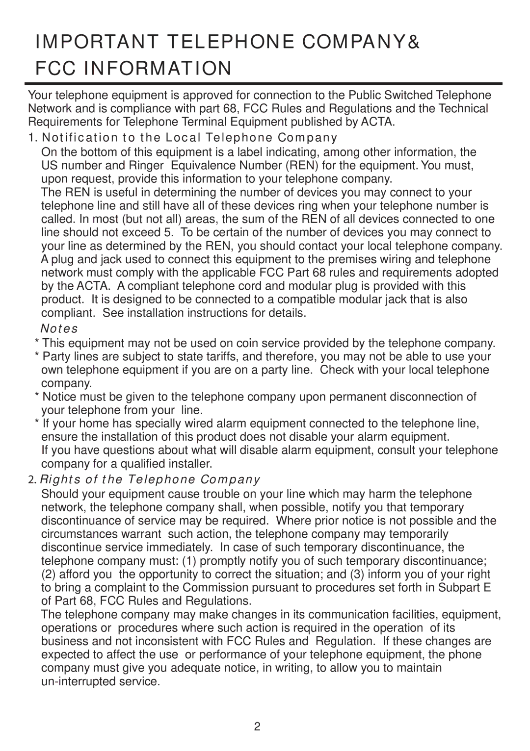 Emerson EM2246HS Important Telephone COMPANY& FCC Information, Notification to the Local Telephone Company 