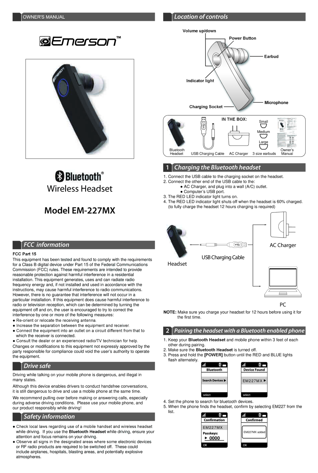 Emerson EM227MX owner manual FCC information, Drive safe, Safety information, Location of controls 