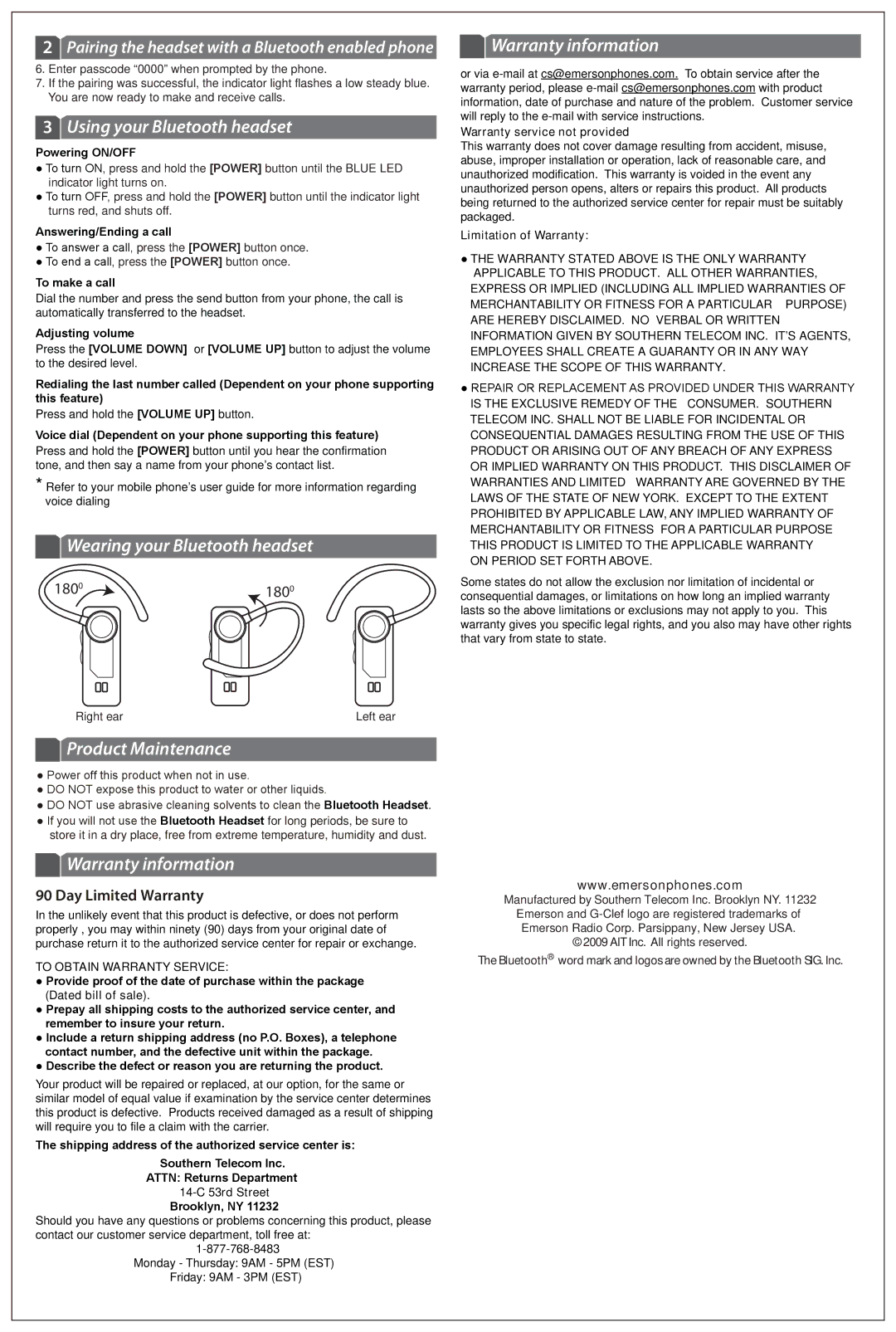 Emerson EM227MX Using your Bluetooth headset, Wearing your Bluetooth headset, Product Maintenance, Warranty information 