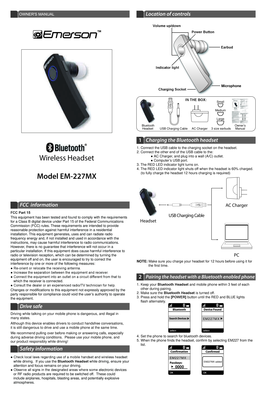 Emerson EM227MX owner manual FCC information, Drive safe, Safety information, Location of controls, 0000, Wireless Headset 