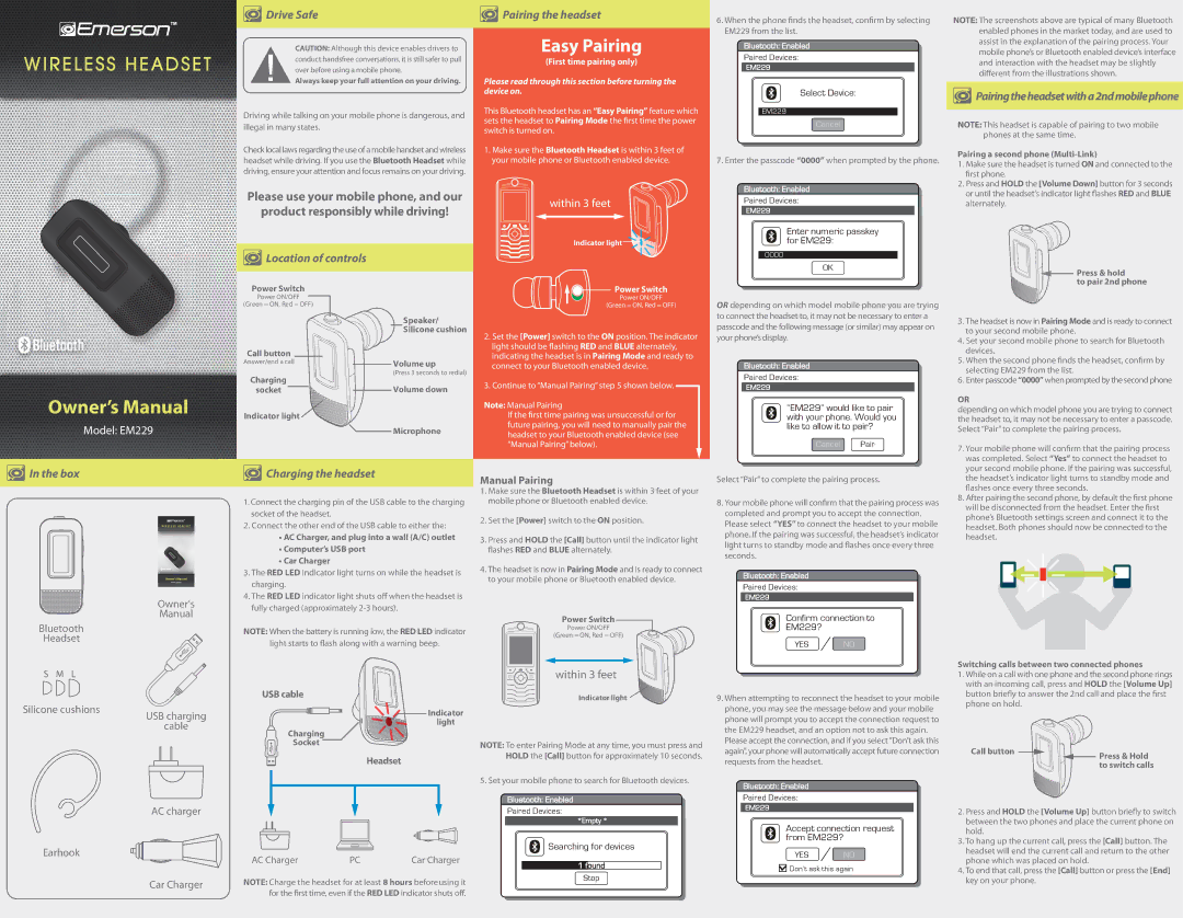 Emerson EM229 owner manual Manual Pairing 