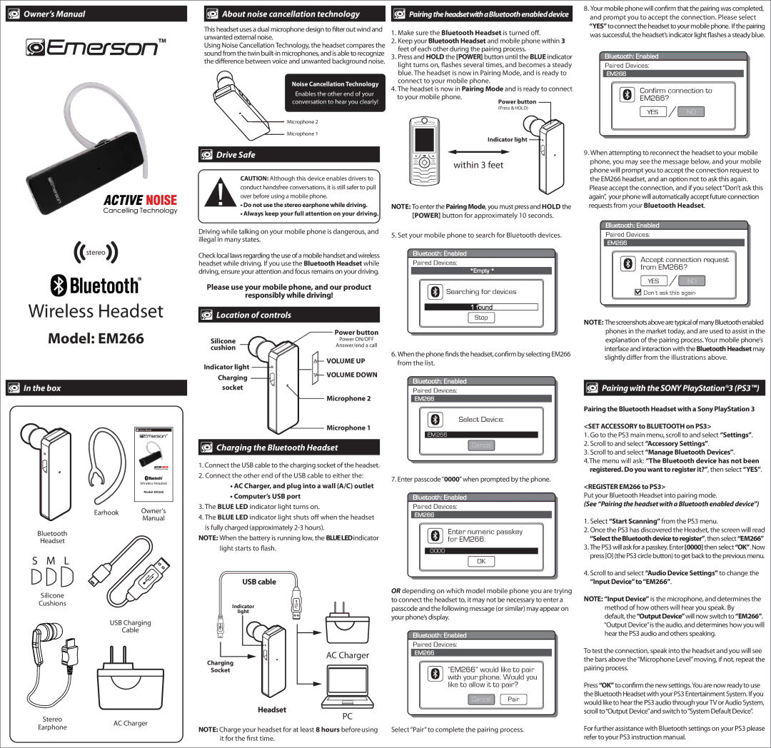 Emerson EM266 owner manual About noise cancellation technology, Drive Safe, Location of controls, Box 