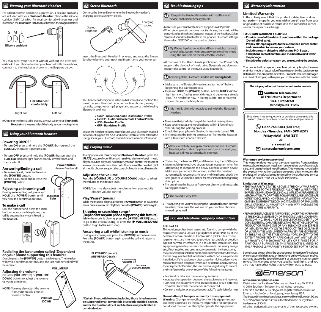 Emerson EM266 owner manual Wearing your Bluetooth Headset, Using your Bluetooth Headset, Stereo Bluetooth, Playing music 