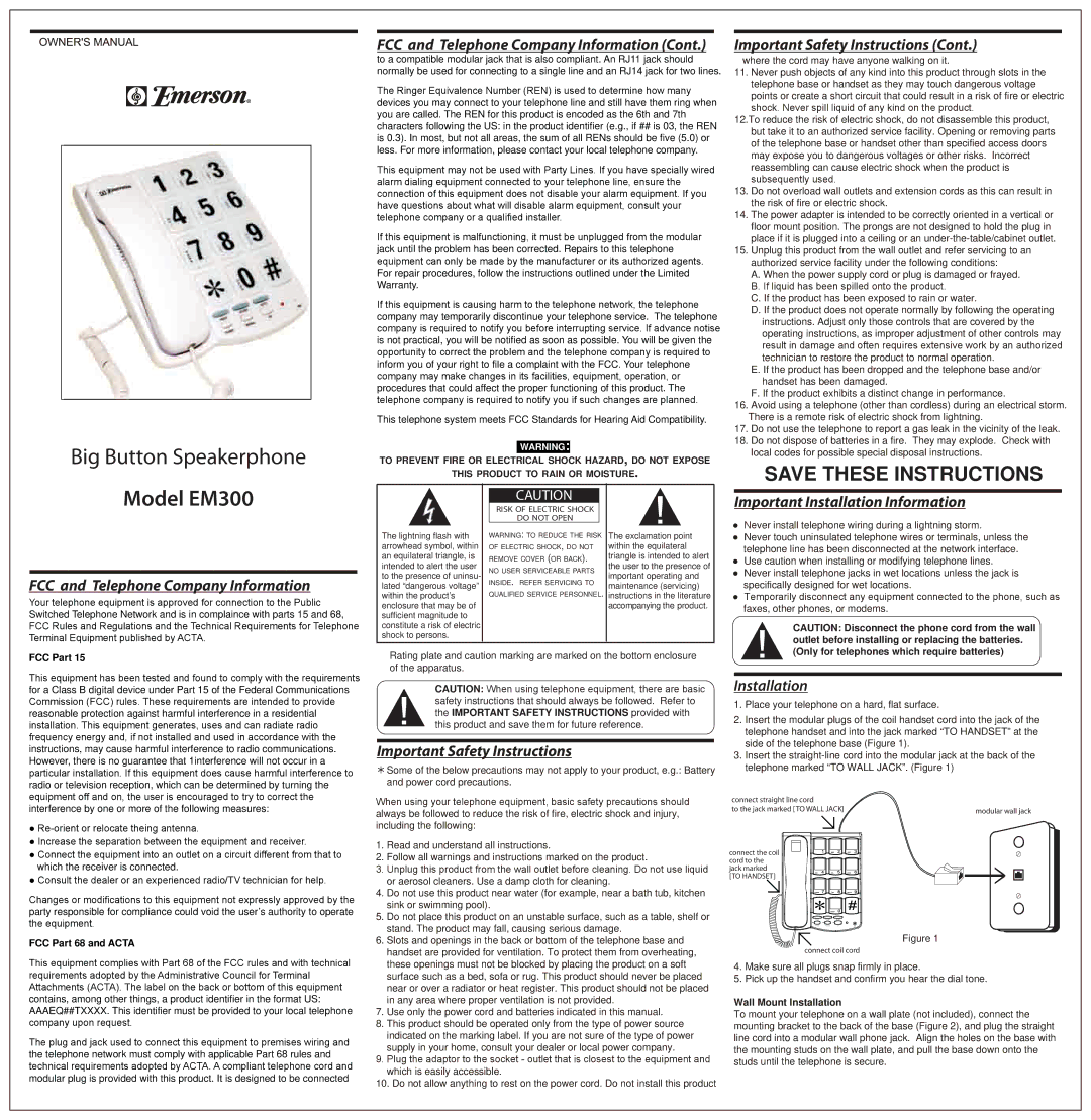 Emerson EM300 important safety instructions Important Safety Instructions, Installation 