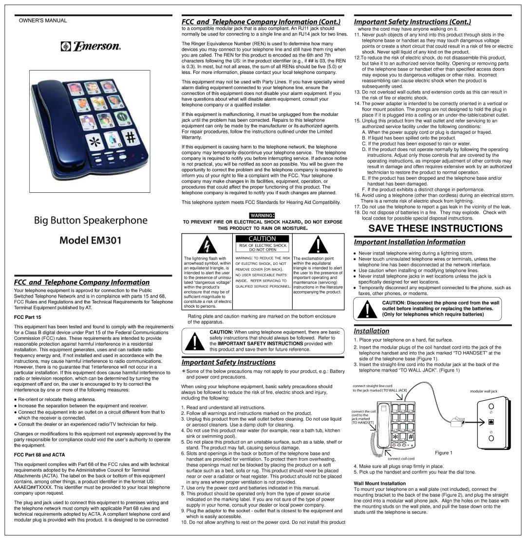 Emerson EM301 important safety instructions Important Safety Instructions, Installation 