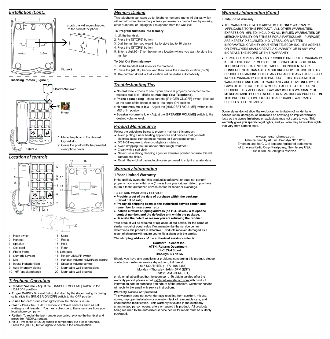 Emerson EM301 Location of controls, Telephone Operation, Memory Dialing, Troubleshooting Tips, Product Maintenance 