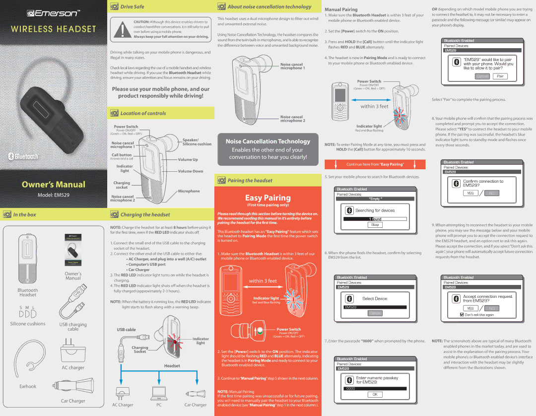 Emerson EM529 owner manual Box, Drive Safe, Location of controls, Charging the headset, Pairing the headset 