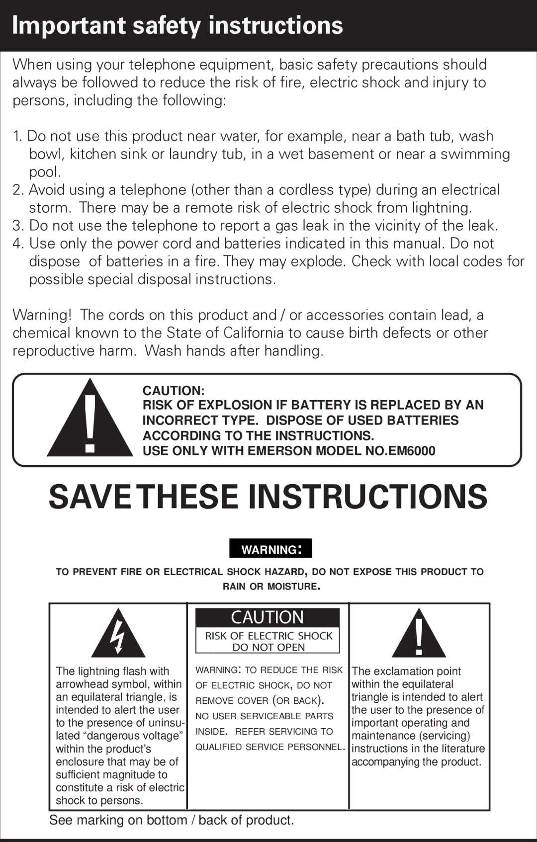 Emerson EM6000 manual Important safety instructions 