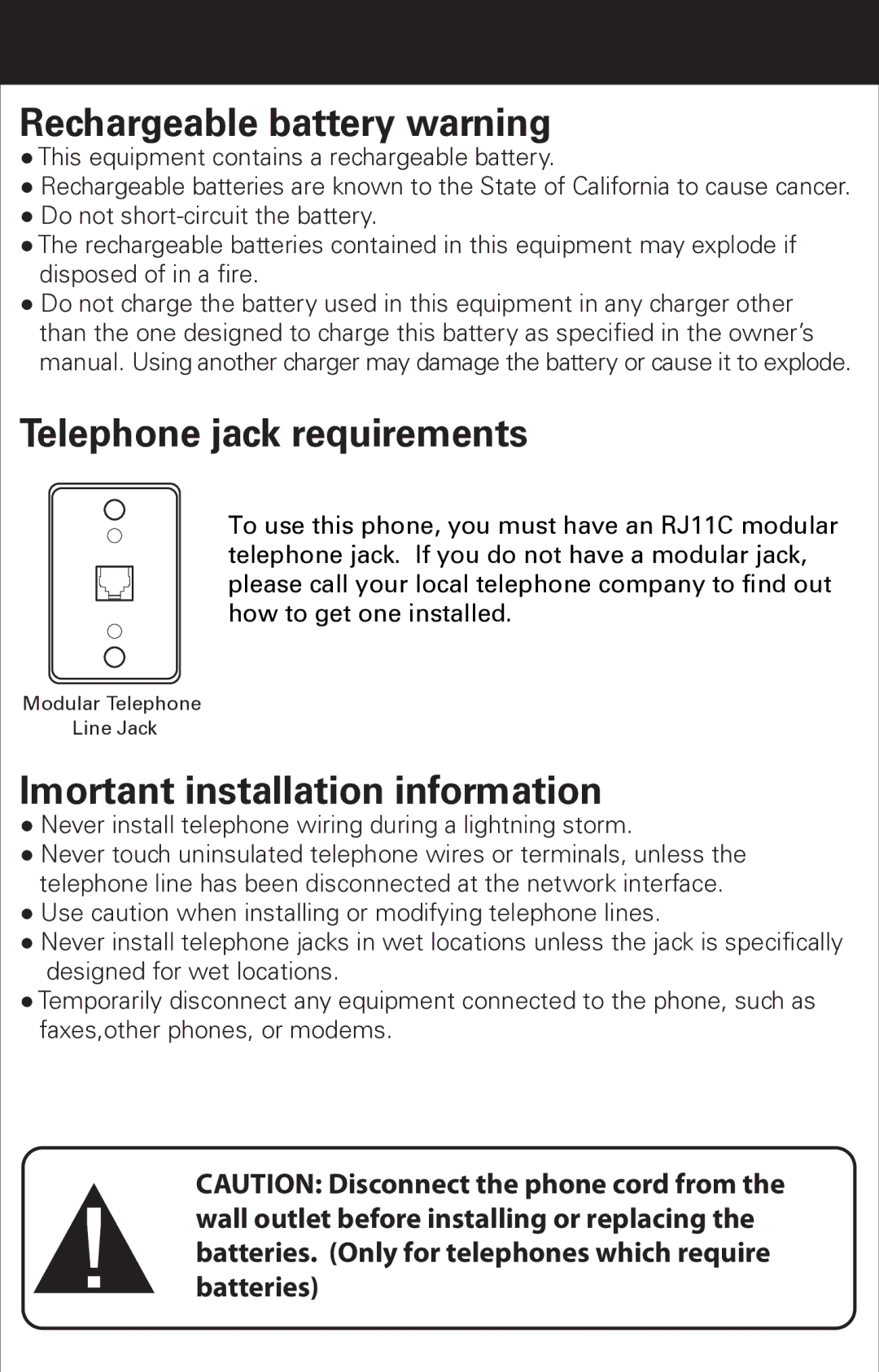 Emerson EM6000 manual Rechargeable battery warning, Telephone jack requirements, Imortant installation information 