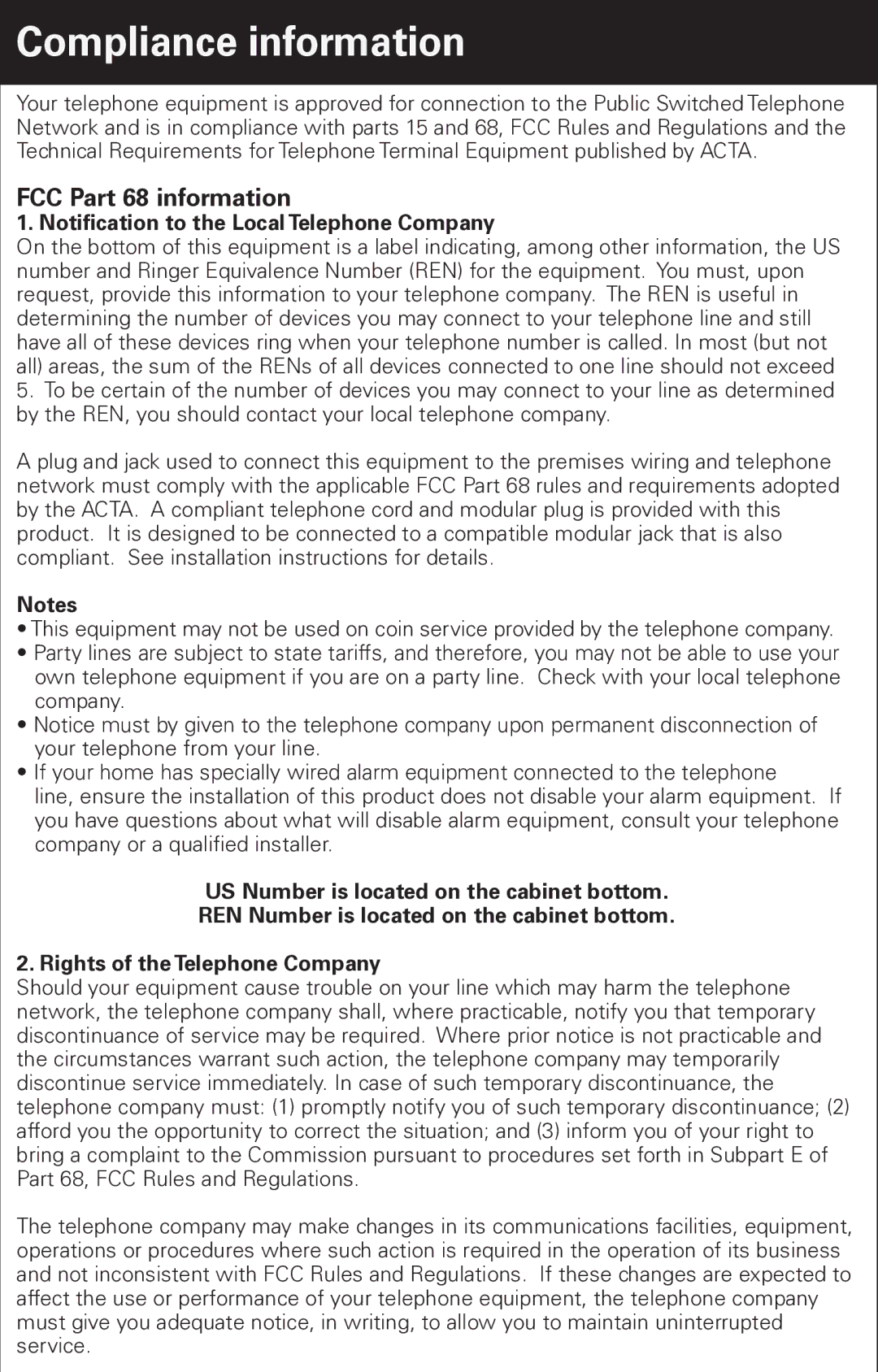 Emerson EM6000 manual Compliance information, FCC Part 68 information 