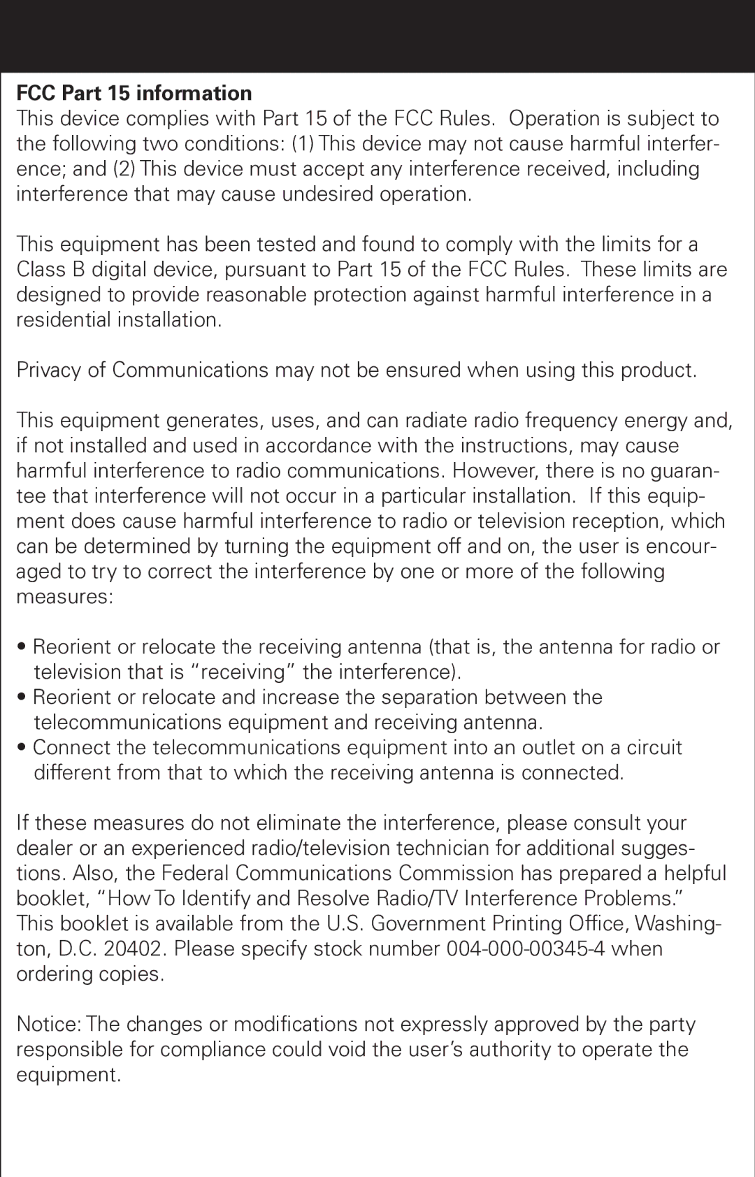 Emerson EM6000 manual FCC Part 15 information 