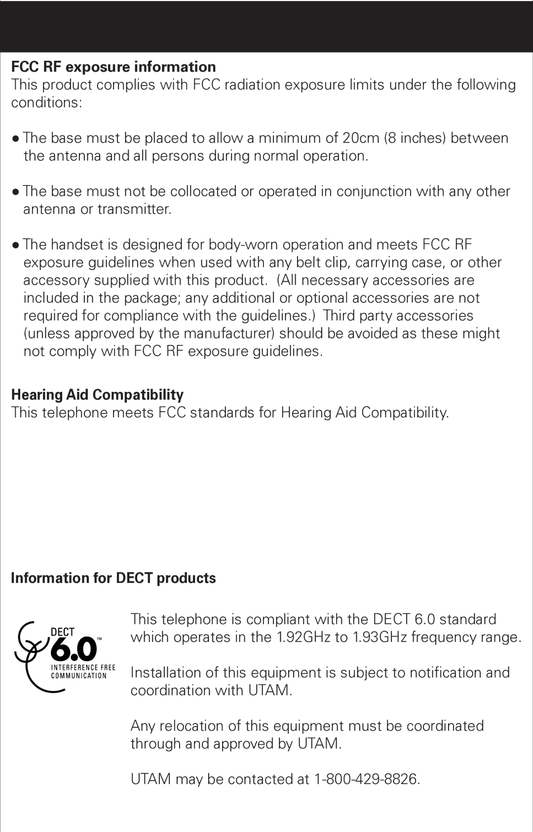 Emerson EM6000 manual FCC RF exposure information, Hearing Aid Compatibility, Information for Dect products 