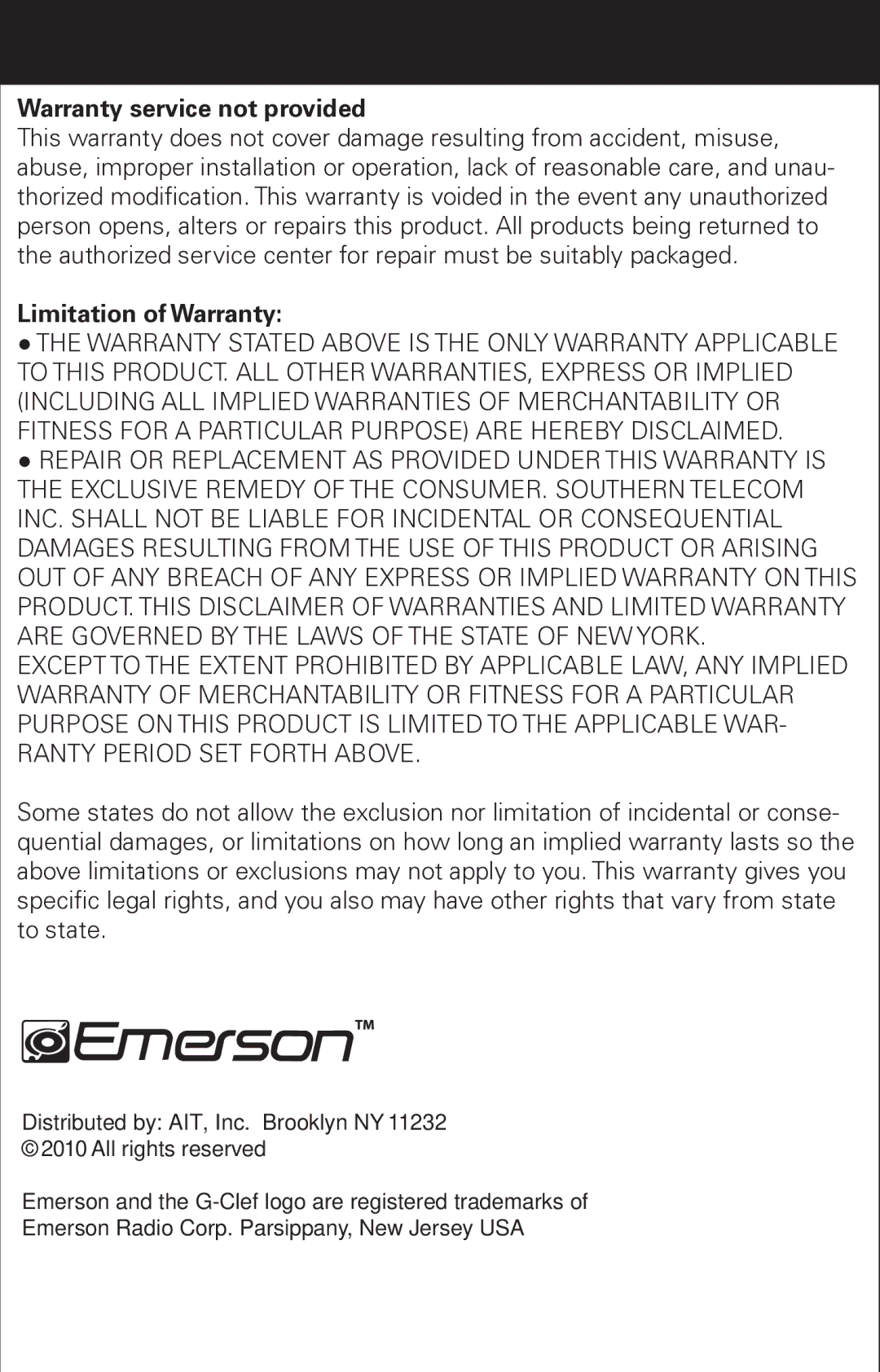 Emerson EM6000 manual Warranty service not provided, Limitation of Warranty 