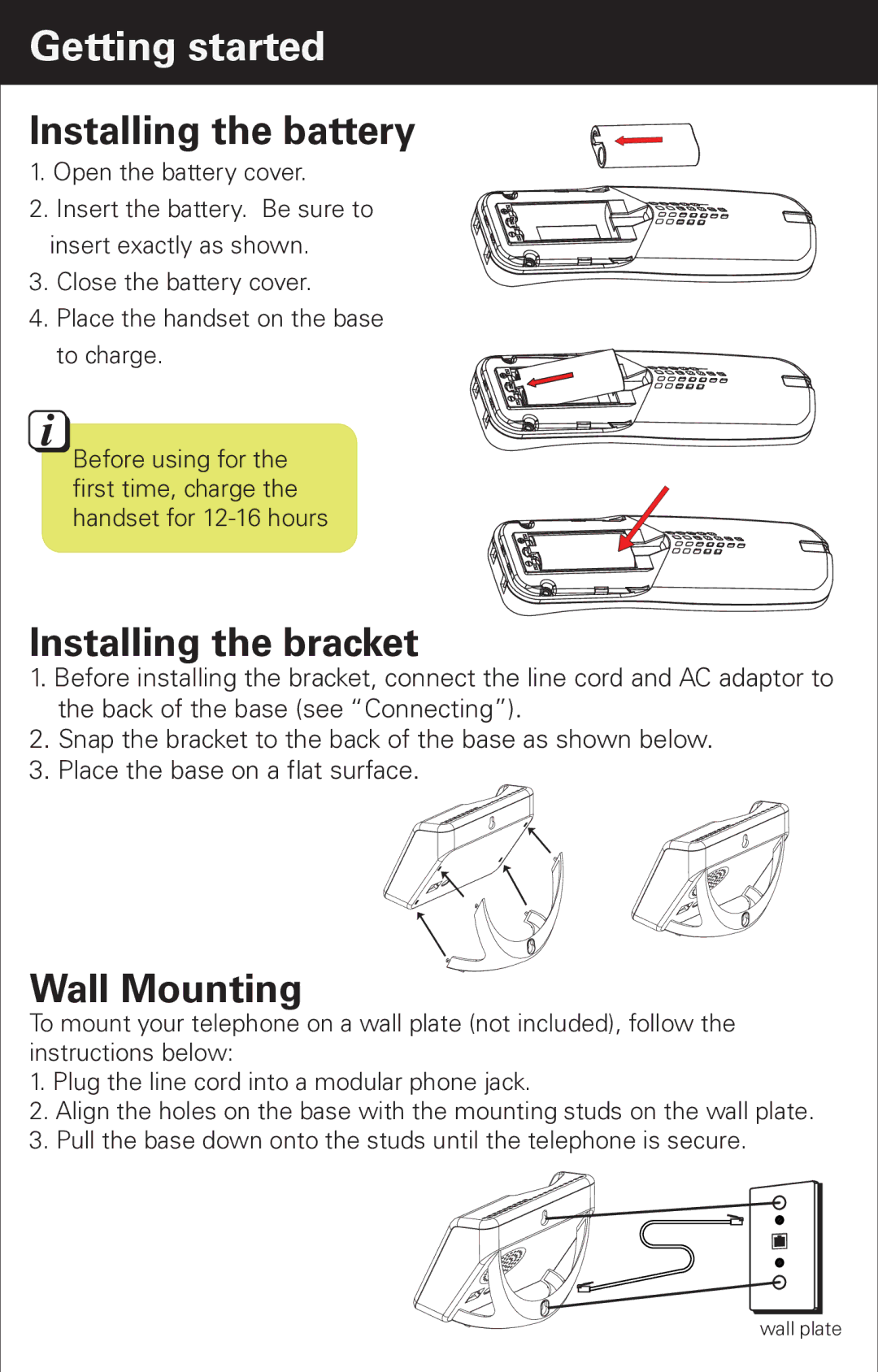 Emerson EM6000 manual Getting started, Installing the battery, Installing the bracket, Wall Mounting 