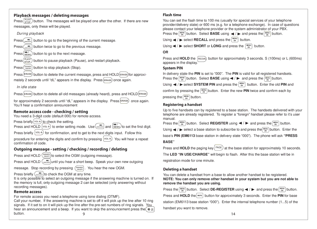 Emerson EM6113 manual Playback messages / deleting messages, Remote access code checking / setting, Flash time, System PIN 