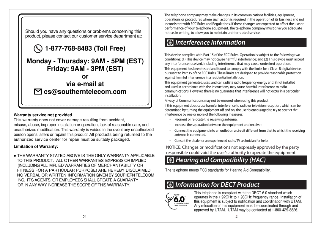 Emerson EM6113 manual Interference information, Hearing aid Compatibility HAC, Information for Dect Product 