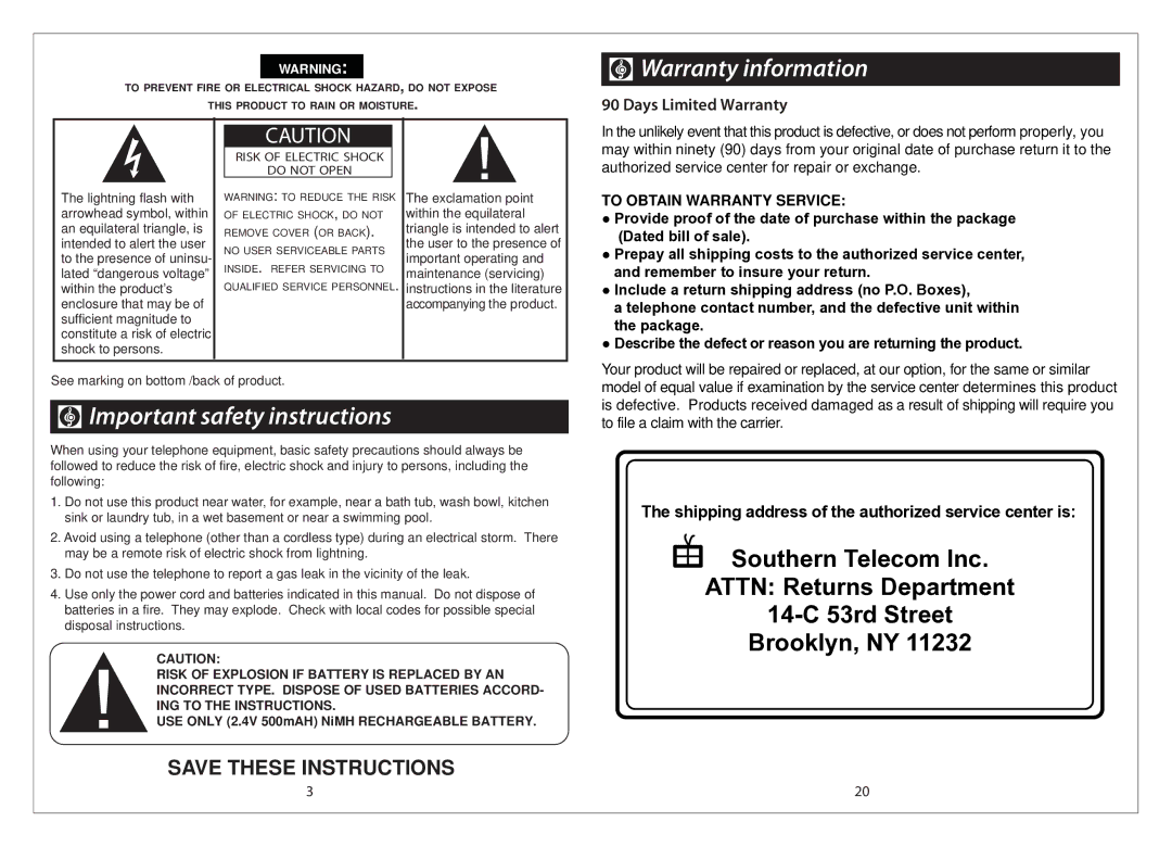 Emerson EM6113 manual Warranty information, Important safety instructions, Days Limited Warranty 