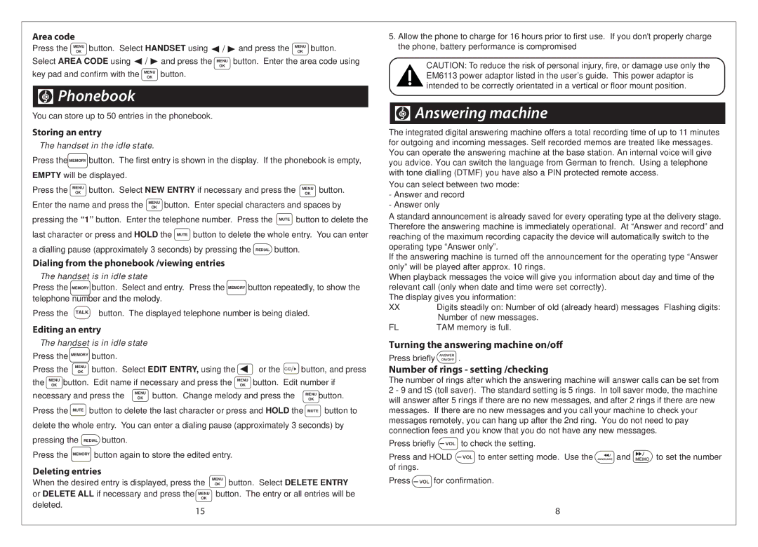 Emerson EM6113 manual Phonebook, Answering machine 