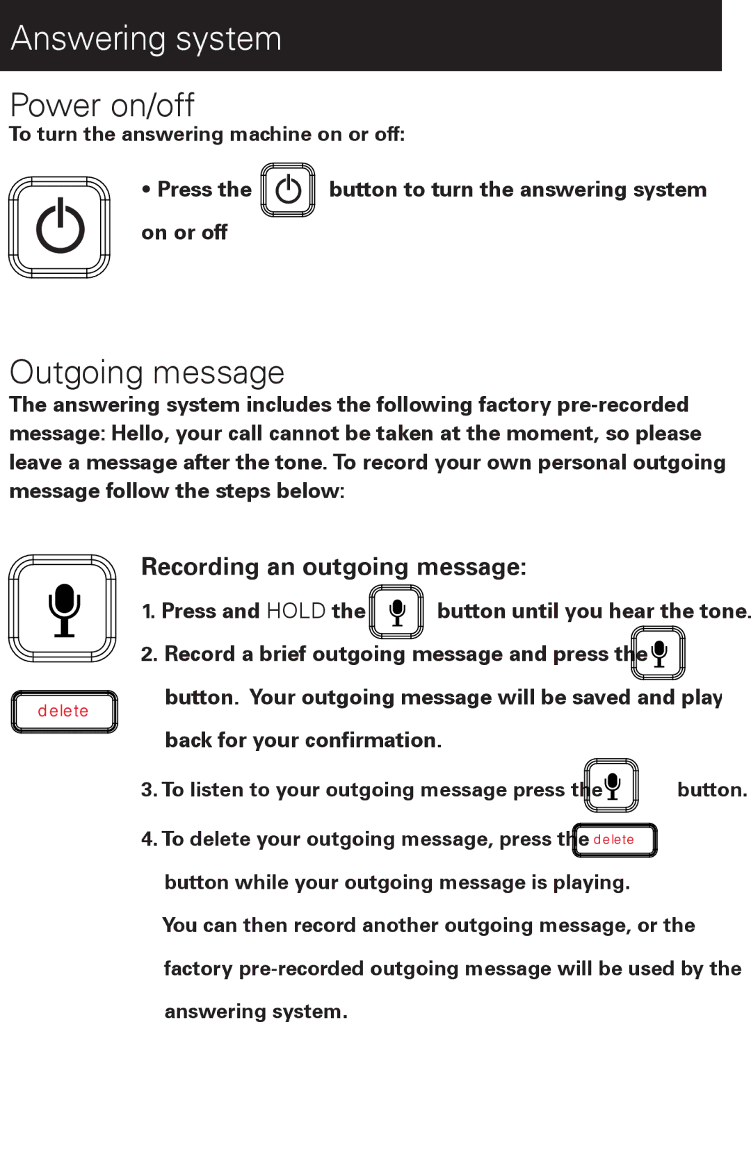 Emerson EM6120-2 manual Answering system, Power on/off, Outgoing message, Recording an outgoing message 