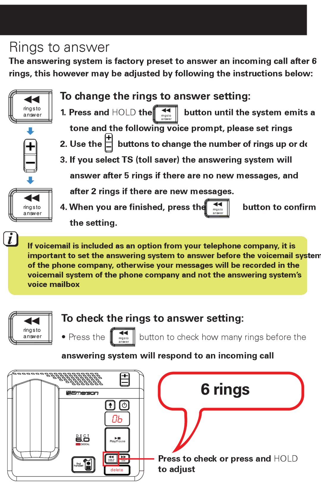 Emerson EM6120-2 manual Rings to answer, To change the rings to answer setting, To check the rings to answer setting 