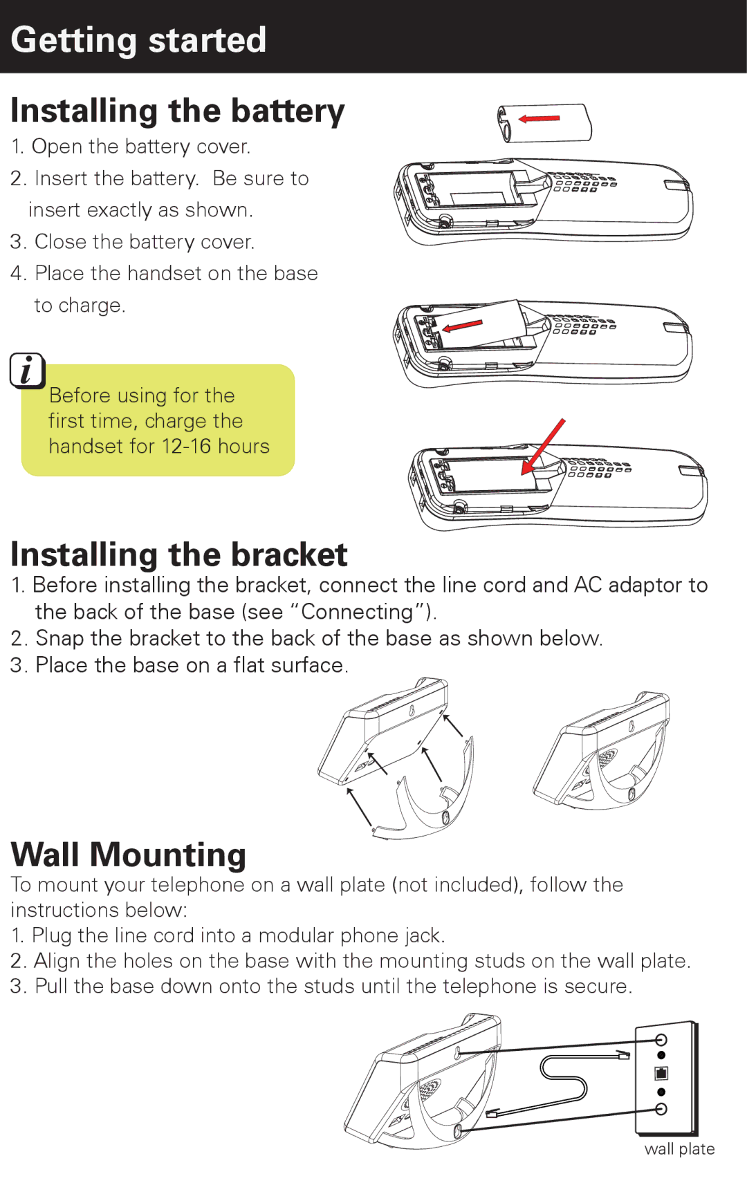 Emerson EM6120-2 manual Getting started, Installing the battery, Installing the bracket, Wall Mounting 