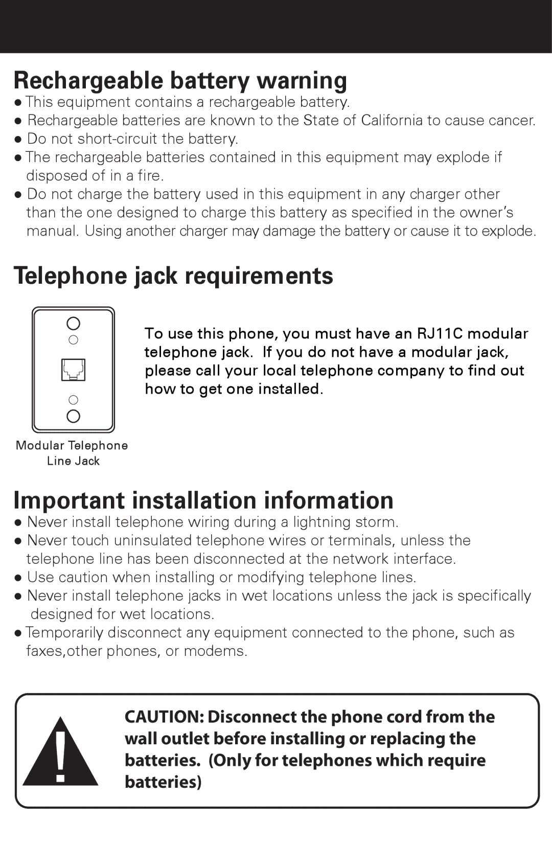 Emerson EM6120-2 manual Rechargeable battery warning, Telephone jack requirements, Important installation information 