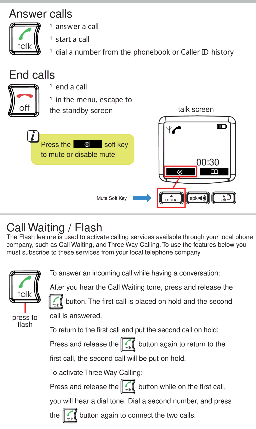 Emerson EM6120-2 manual Answer calls, End calls, Call Waiting / Flash 