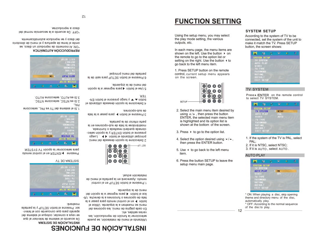 Emerson EMDVD75795 instruction manual Funciones DE Instalación, Play Auto, System Setup, Auto Play 