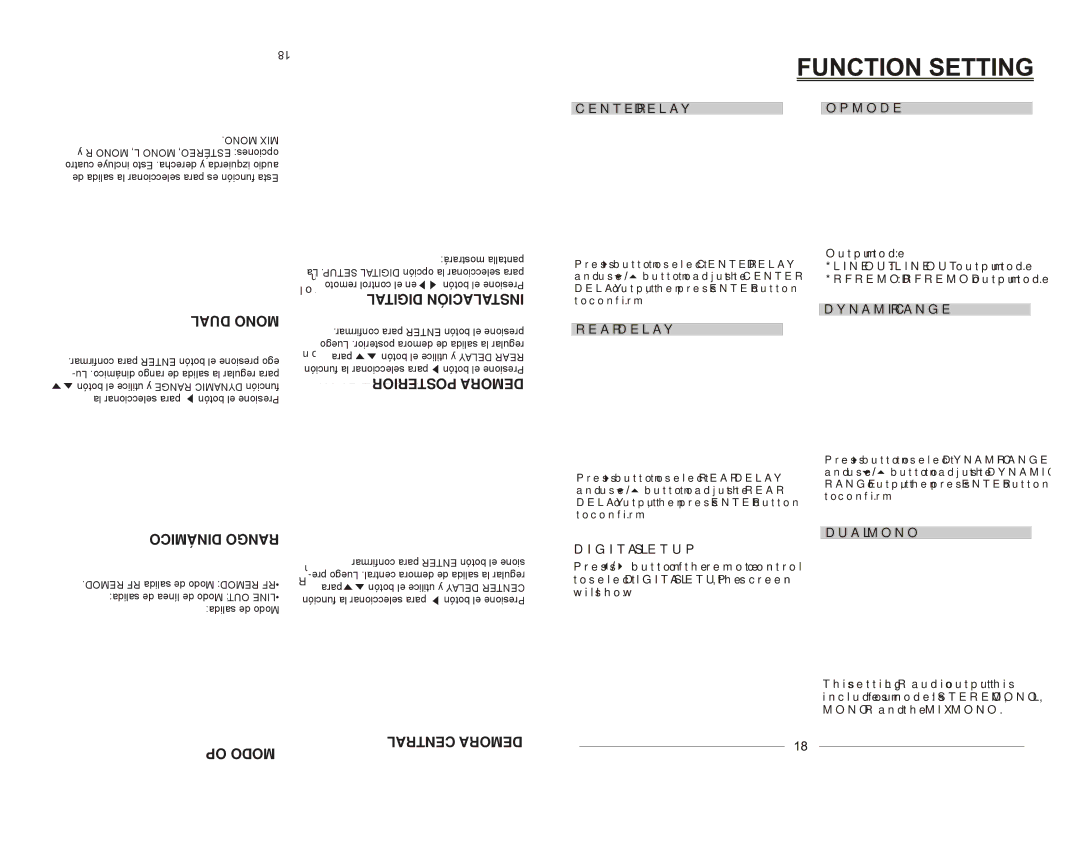 Emerson EMDVD75795 instruction manual Dual Mono, Dinámico Rango, OP Modo, Central Demora 