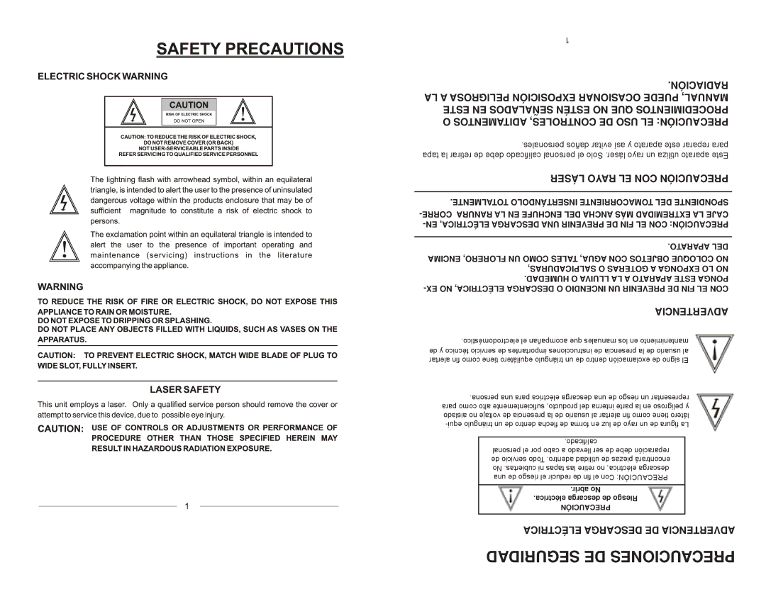 Emerson EMDVD75795 Seguridad DE Precauciones, Láser Rayo EL CON Precaución, Eléctrica Descarga DE Advertencia 