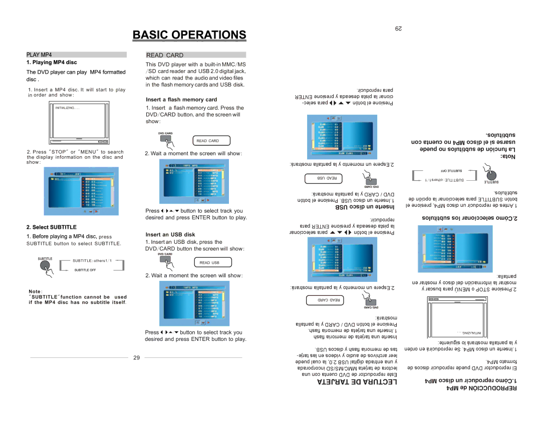 Emerson EMDVD75795 instruction manual Read Card, Sh will screen the button CARD/DVD, Press,disk USB an Insert.1, Pantalla 