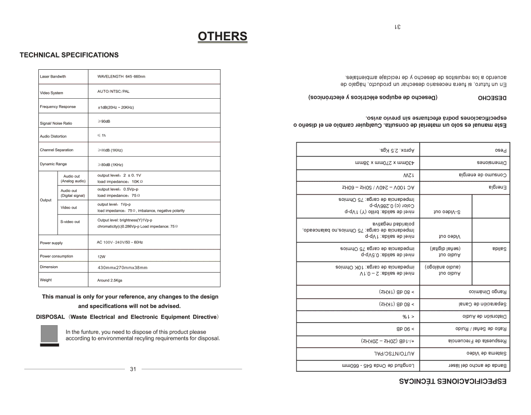 Emerson EMDVD75795 instruction manual Técnicas Especificaciones, Desecho, Ruido / Señal de Ratio, 20KHz 20Hz 1dB-+ 