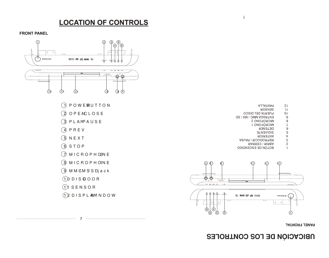 Emerson EMDVD75795 instruction manual Controles LOS DE Ubicación, Frontal Panel 