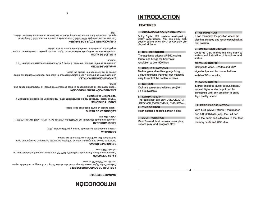 Emerson EMDVD75795 instruction manual Introducción, Características, Multi-Function, Read Card Function 